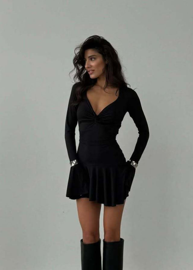 Long Twist-Front Sleeve Mini Dress