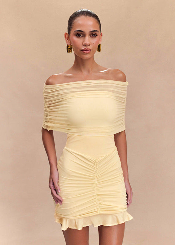 Mesh Off-Shoulder Ruched Mini Dress