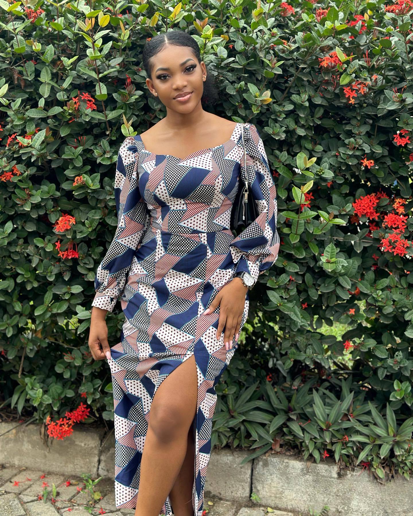 Printed Blue Plaid Simple Long Sleeve Slit Dress