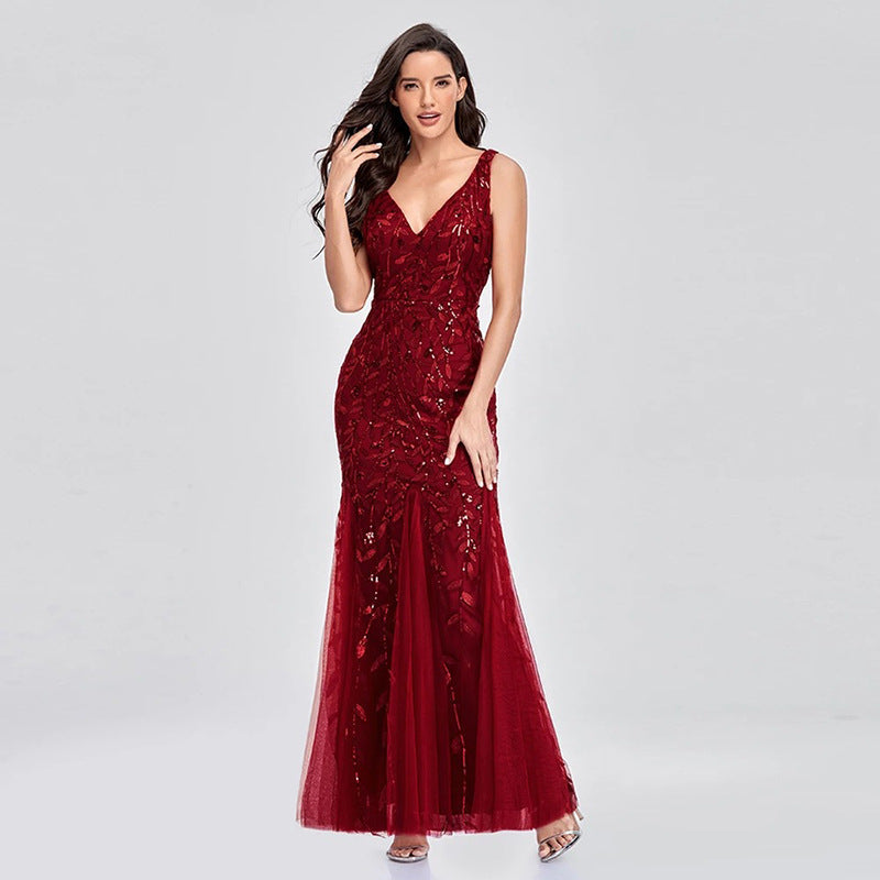 Evening Dress V neck Tulle Embroidered Sequ Sexy Mermaid Prom Dress Women Stylish Dress