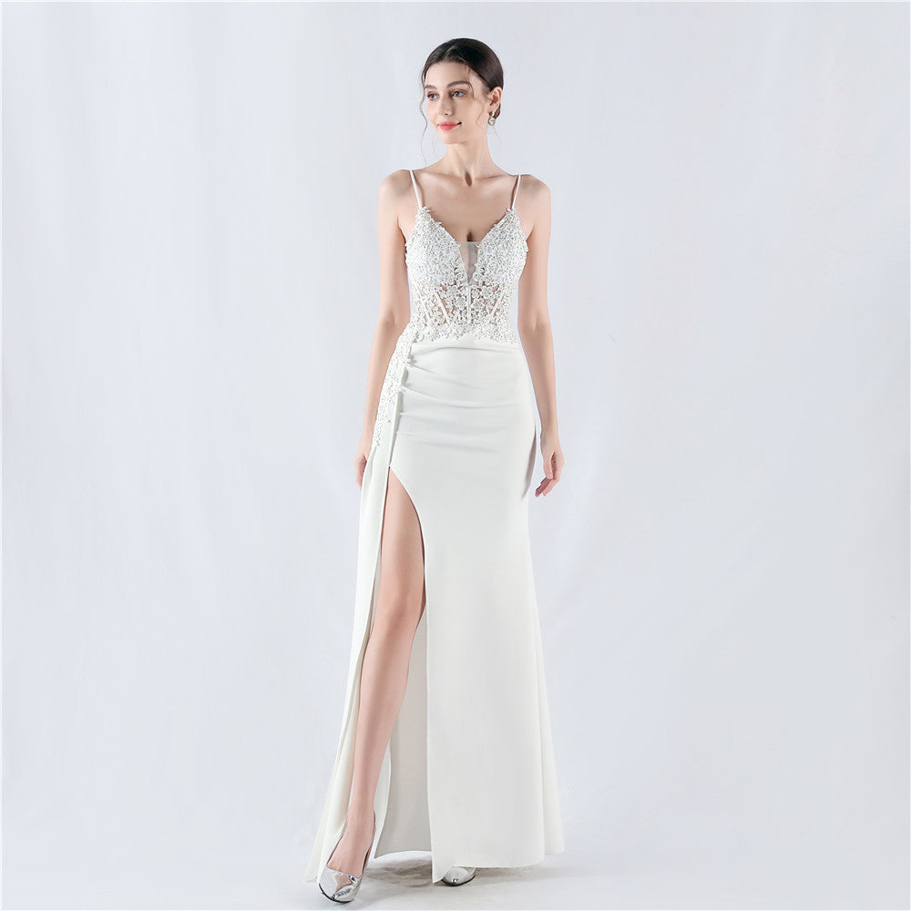 Dress Heavy Embroidery Drilling Order Flower Tight Waist Boning Corset Satin Evening Dress Annual Meeting Wedding