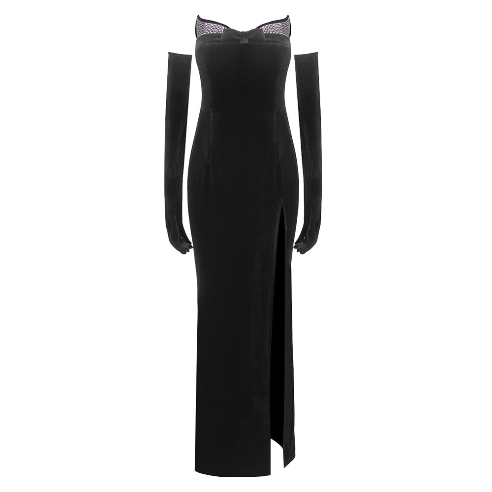 Strapless Drilling Dress with Gloves Black Dress