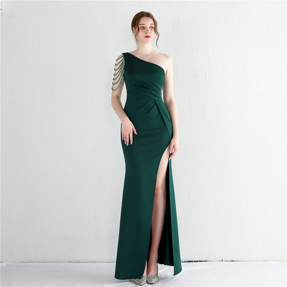Satin Beaded Extended One Shoulder Debutante Gala Dinner Slim Fit Fishtail Dress Wedding Car Model Exhibition Dress