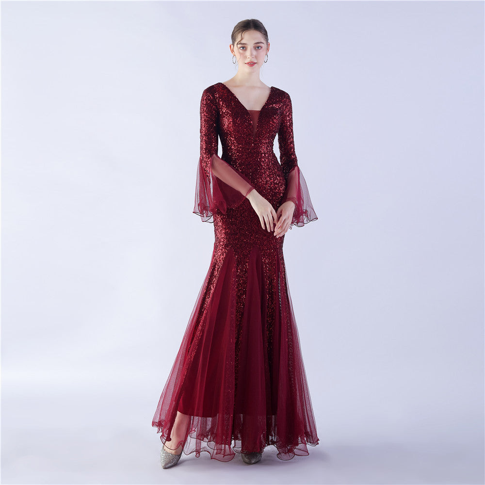 Fish Silk Wave Edge Craft Encryption Mesh Wedding Dinner Stage Sequined Evening Dress