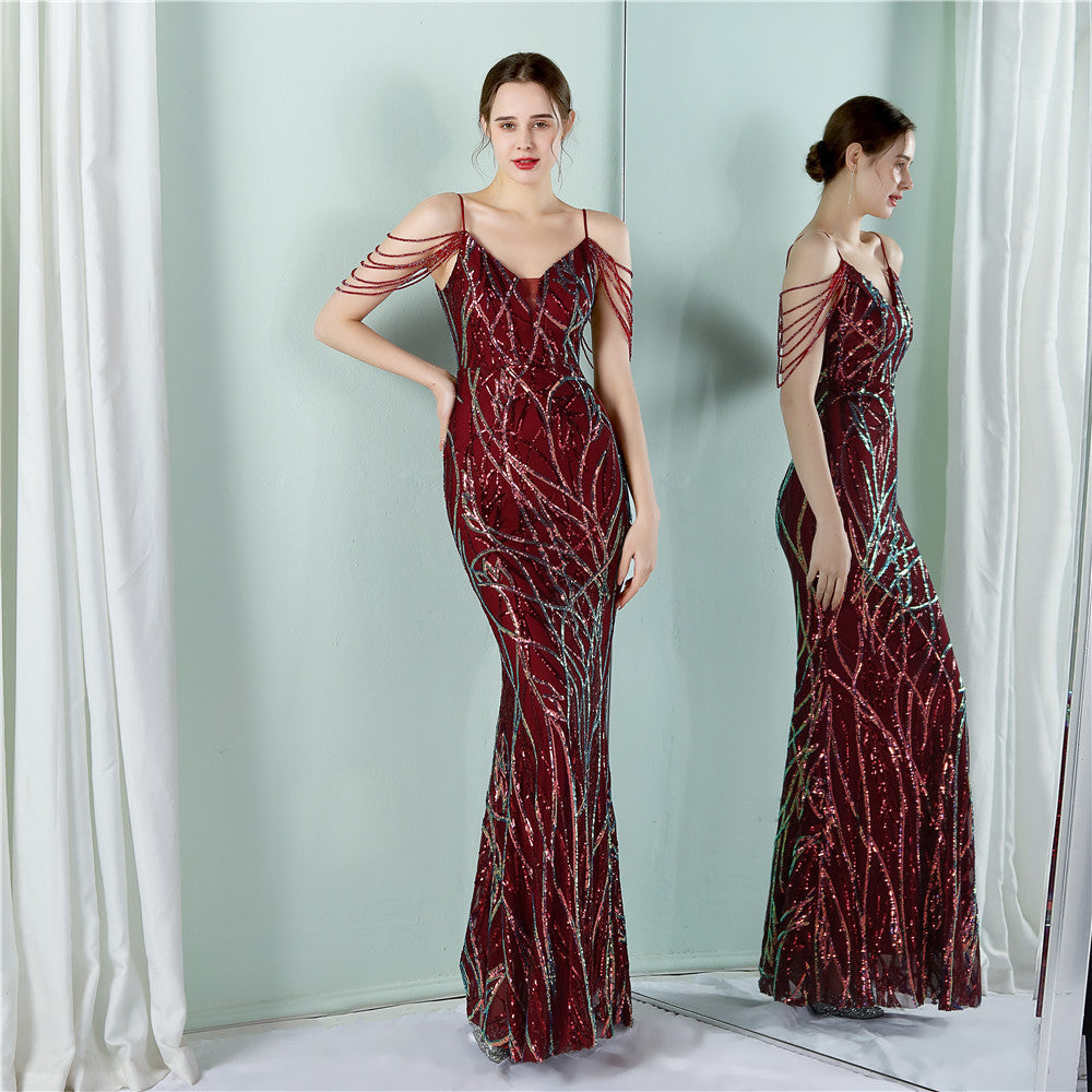 Sling Sequin Toast Dress Bride Extended Appreciation Dinner Slim-Fit Fishtail Wedding Car Model Exhibition Dress