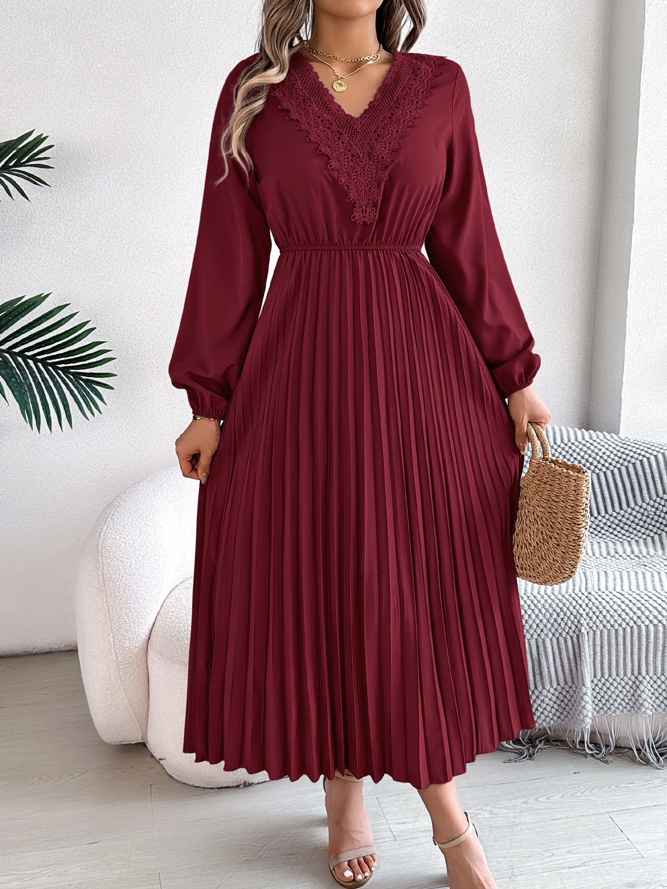 Spring Summer Refined V neck Lace Cinched Pleated Maxi Dress Women Clothing