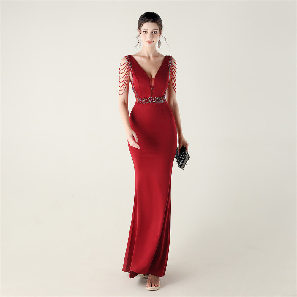 Deep V Plunge neck High Density Beaded Decoration Slim Slimming Evening Dress Cocktail Wedding Performance