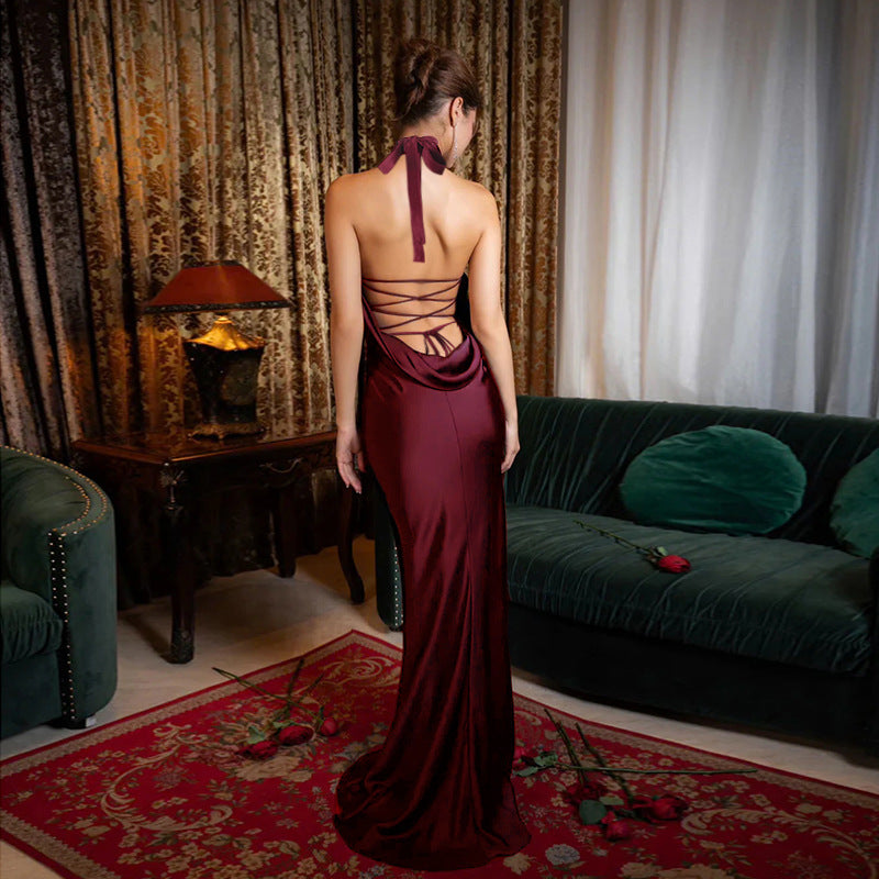 Sexy Backless Halter Satin Dress Women Refined Dress Maxi Dress