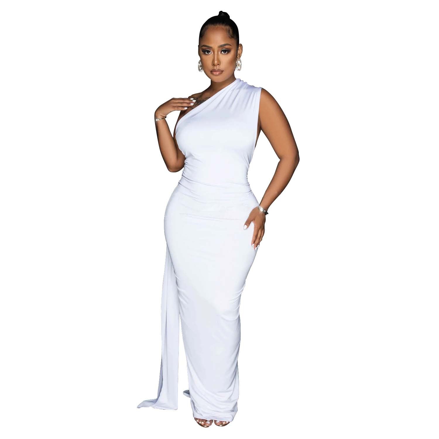 Women Wear Solid Color Backless Pleated Irregular Asymmetric Maxi Dress Women