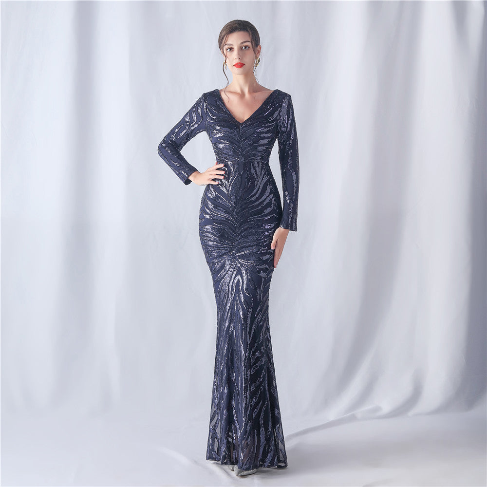 Positioning Flower Cutting Craft Magic Color Sequin Annual Meeting Wedding Long Sleeve Evening Dress