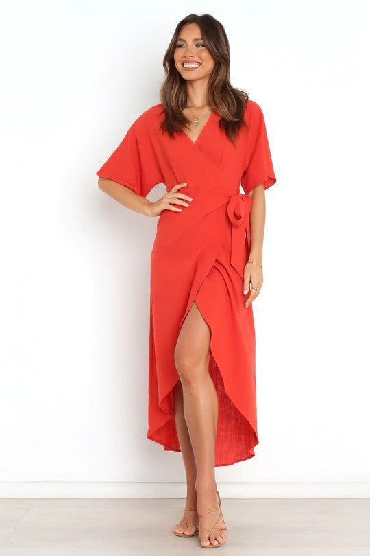 Ruffle Santos Wrap Midi Dress Rust