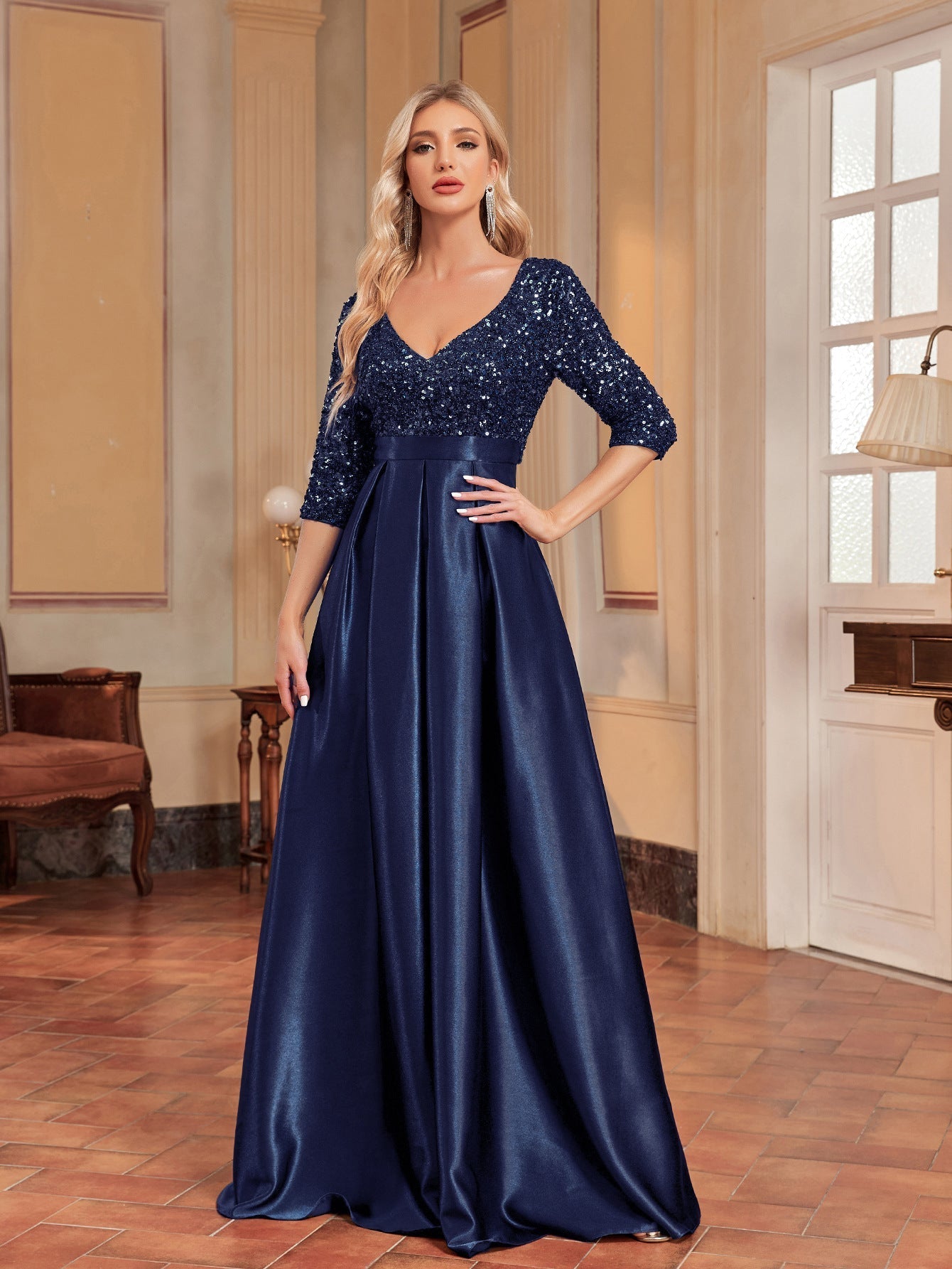 V neck Long Sleeve Sequined Graceful Prom Evening Party Dress