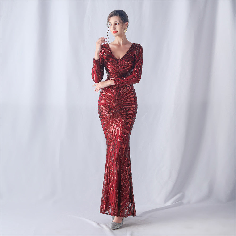 Positioning Flower Cutting Craft Magic Color Sequin Annual Meeting Wedding Long Sleeve Evening Dress