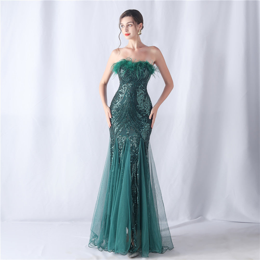 Ostrich Feather Positioning Flower Cutting Wedding Annual Meeting Tube Top Sequin Gauze Evening Dress