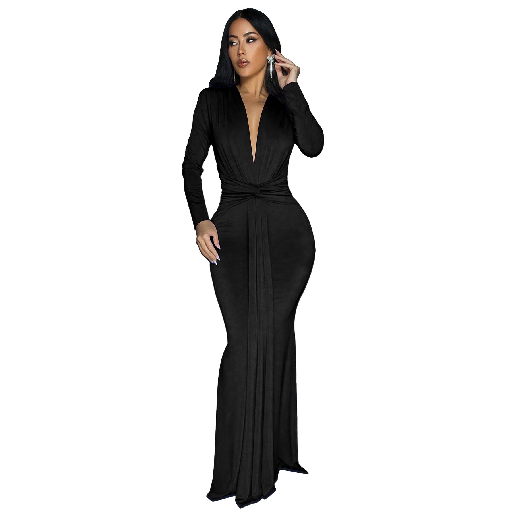 Women Chic Slim Fit Maxi Dress Fall Winter Long Sleeve Fitted Waist Pleated Dress