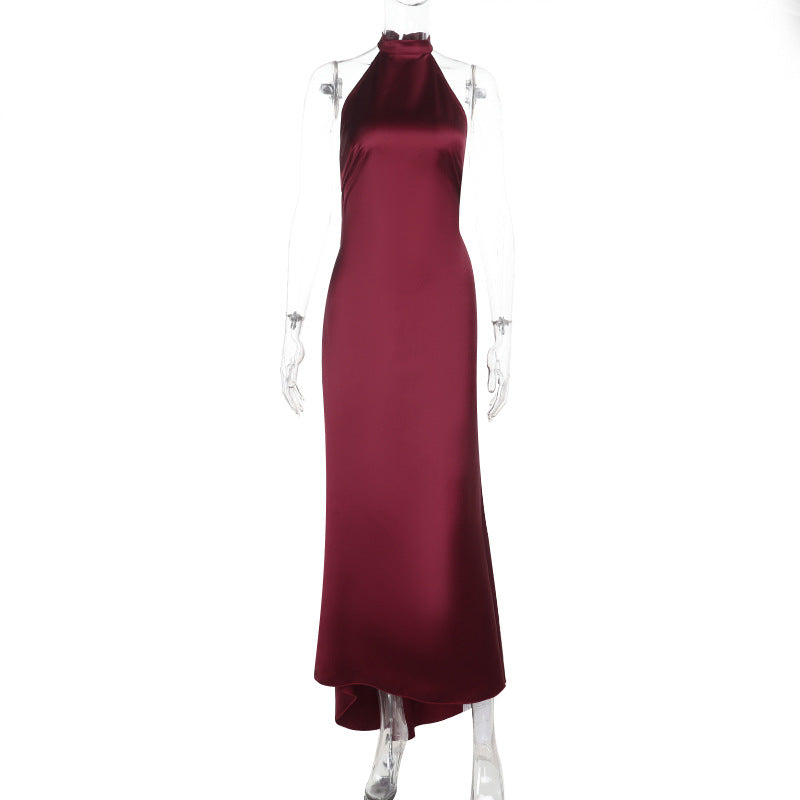Sexy Backless Halter Satin Dress Women Refined Dress Maxi Dress
