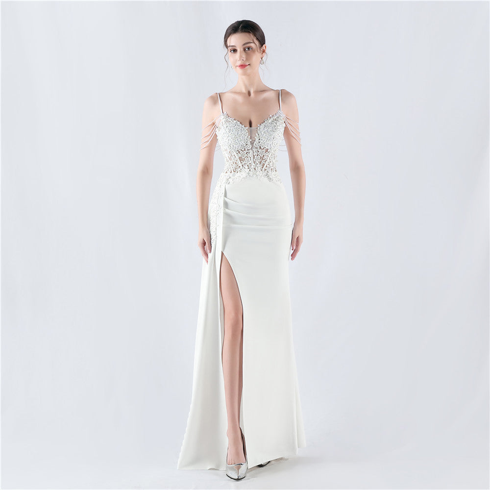 Dress Heavy Embroidery Drilling Order Flower Waist Boning Corset Beaded Satin Evening Dress Annual Meeting Wedding