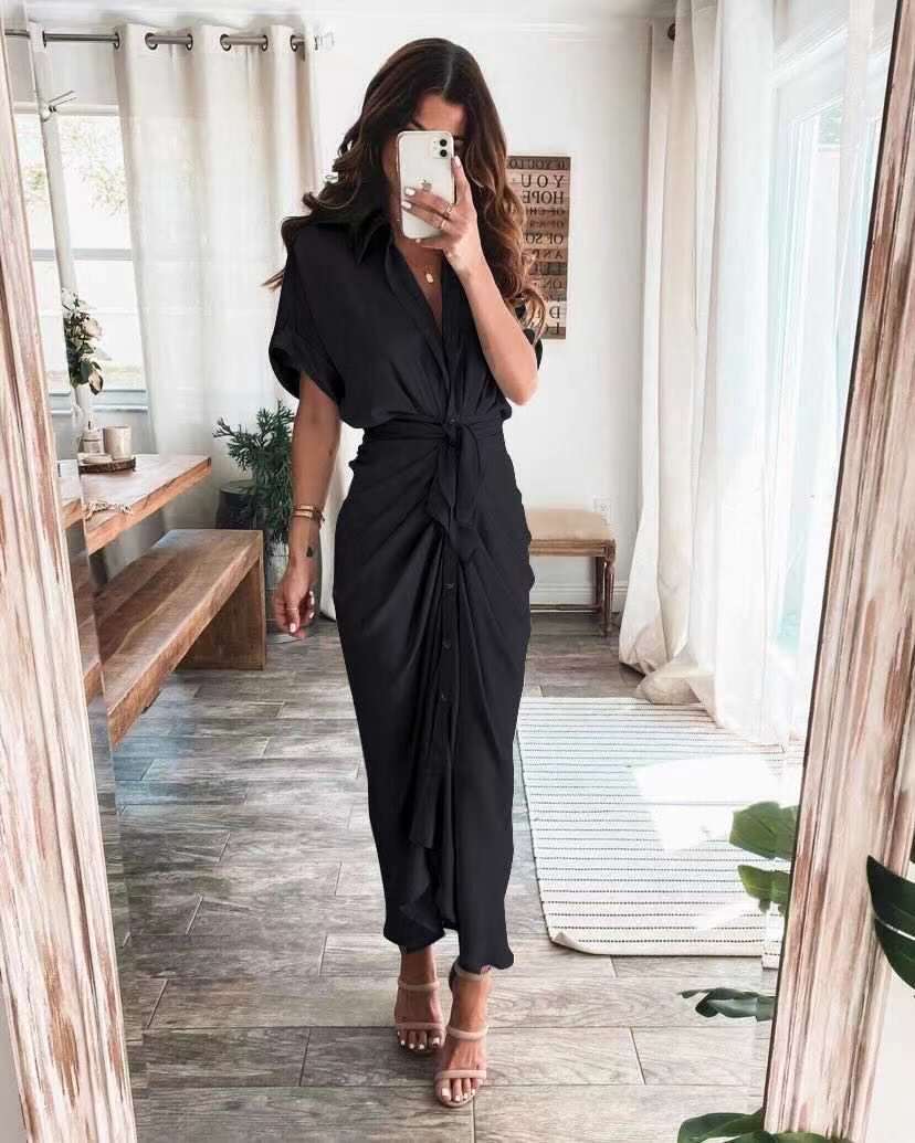Satin Meryl Tie Front Midi Dress Black