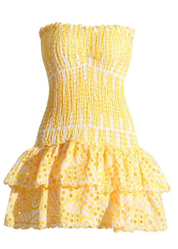 Strapless Zaria Ruffle Mini Dress Smocked Yellow Eyelet
