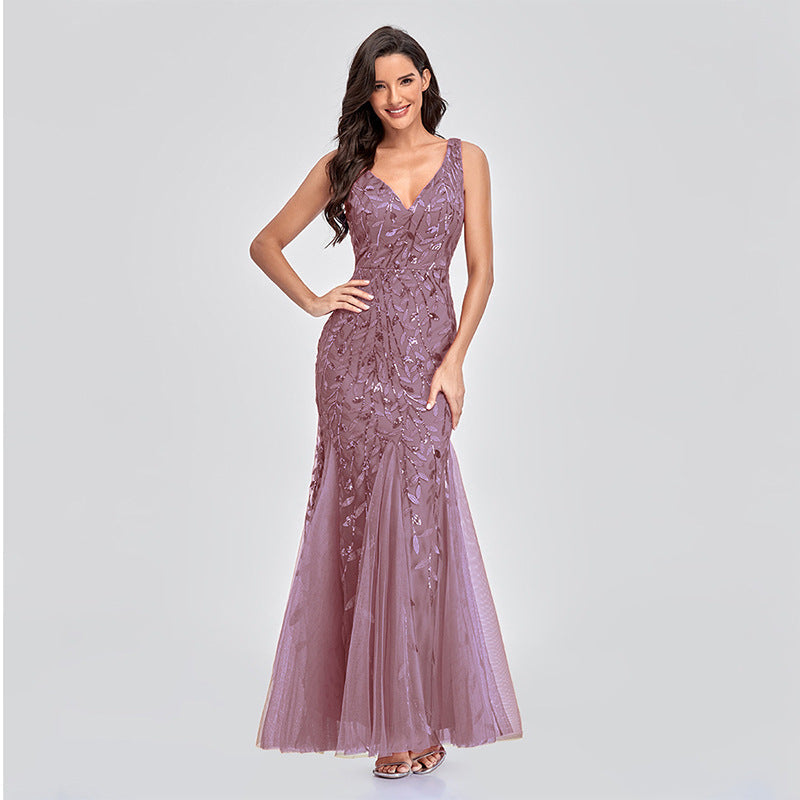 Evening Dress V neck Tulle Embroidered Sequ Sexy Mermaid Prom Dress Women Stylish Dress