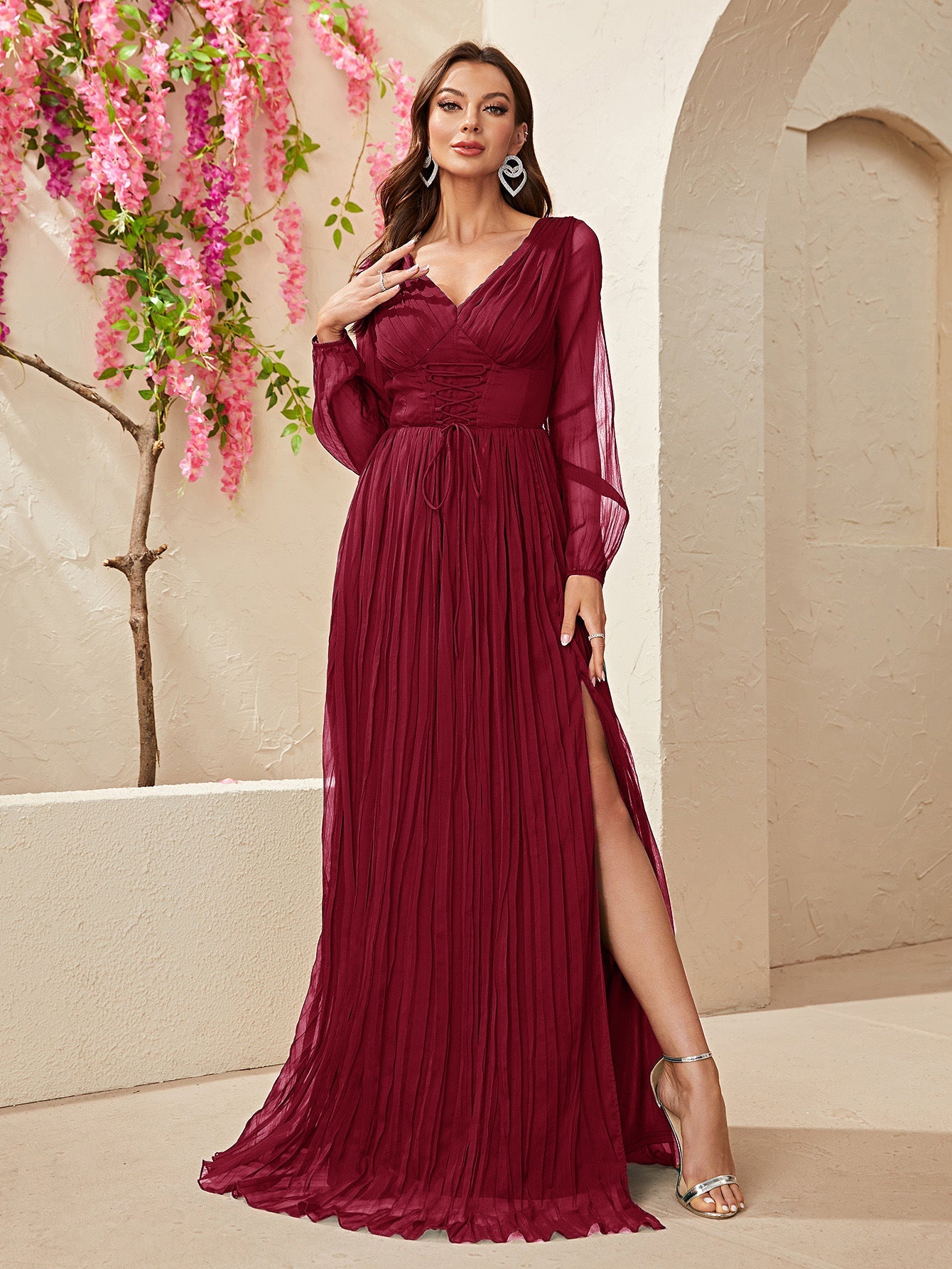 Dress Long Sleeved Chiffon V neck Slit Dress Waist Controlled Lace up Pleated Maxi Dress