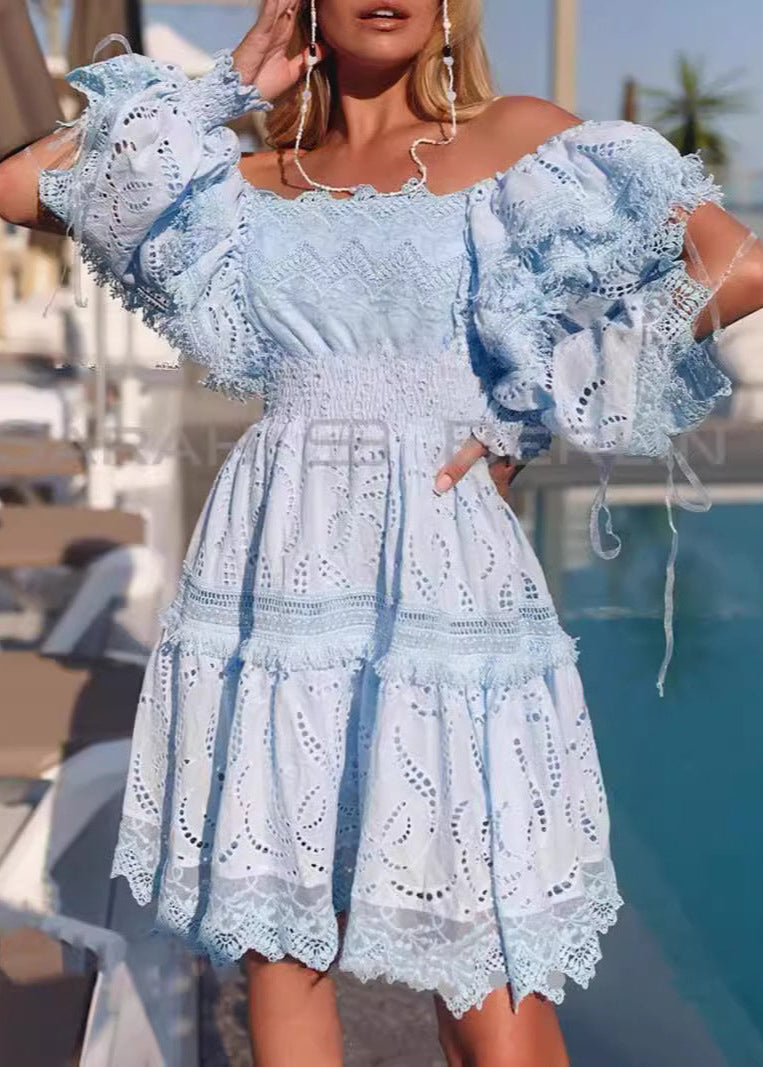 Broderie Seraphina Puff Sleeve Dress Blue Smocked A Line Mini