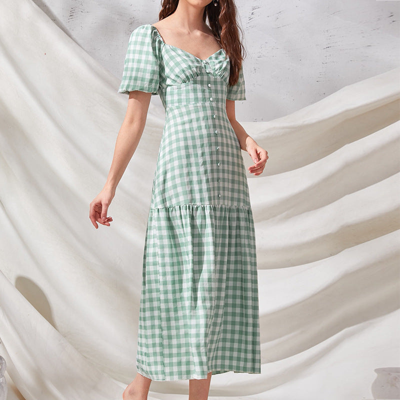 Puff Rye Sleeve Gingham Midi Dress Hunter Green