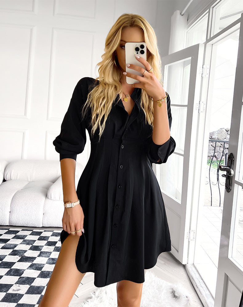 Pintuck Sarabeth Button Down Shirt Dress Black