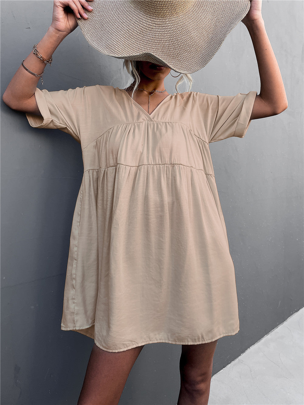 Cotton Goodness Pocketed Babydoll Dress Khaki
