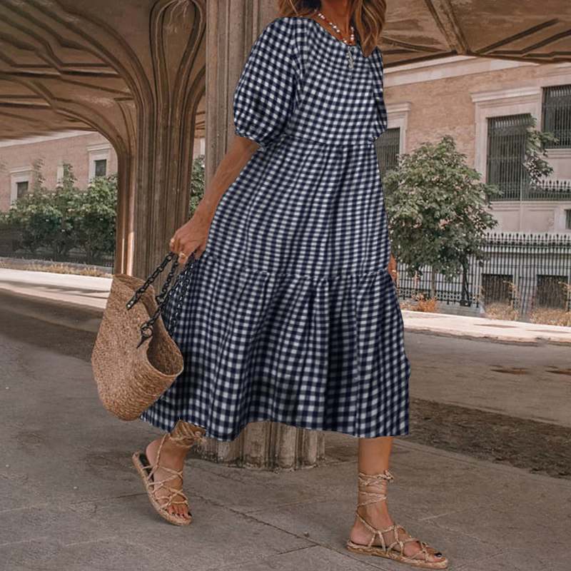 Pocketed Winifred Puff Sleeve Gingham Midi Dress