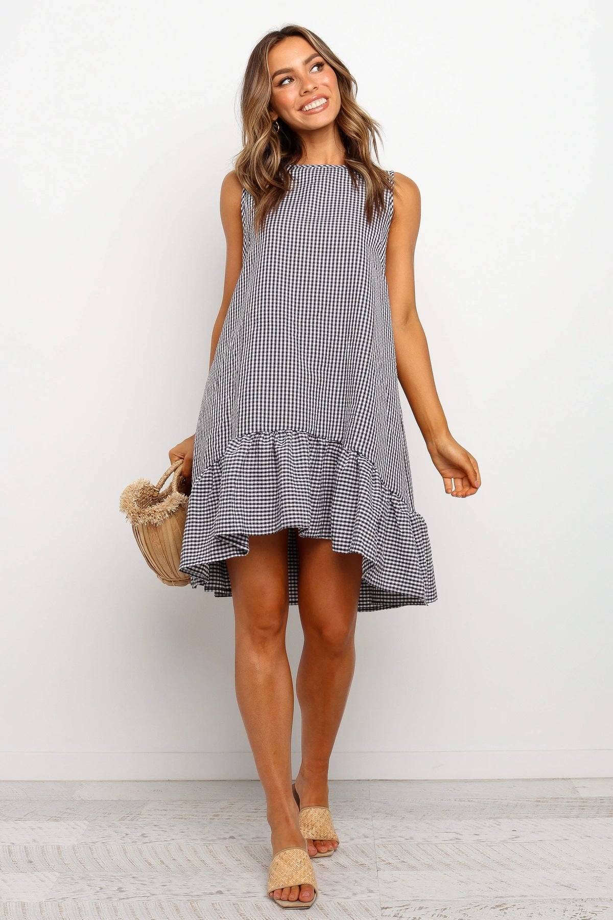 Pocketed Virna Gingham Tiered Babydoll Dress Black