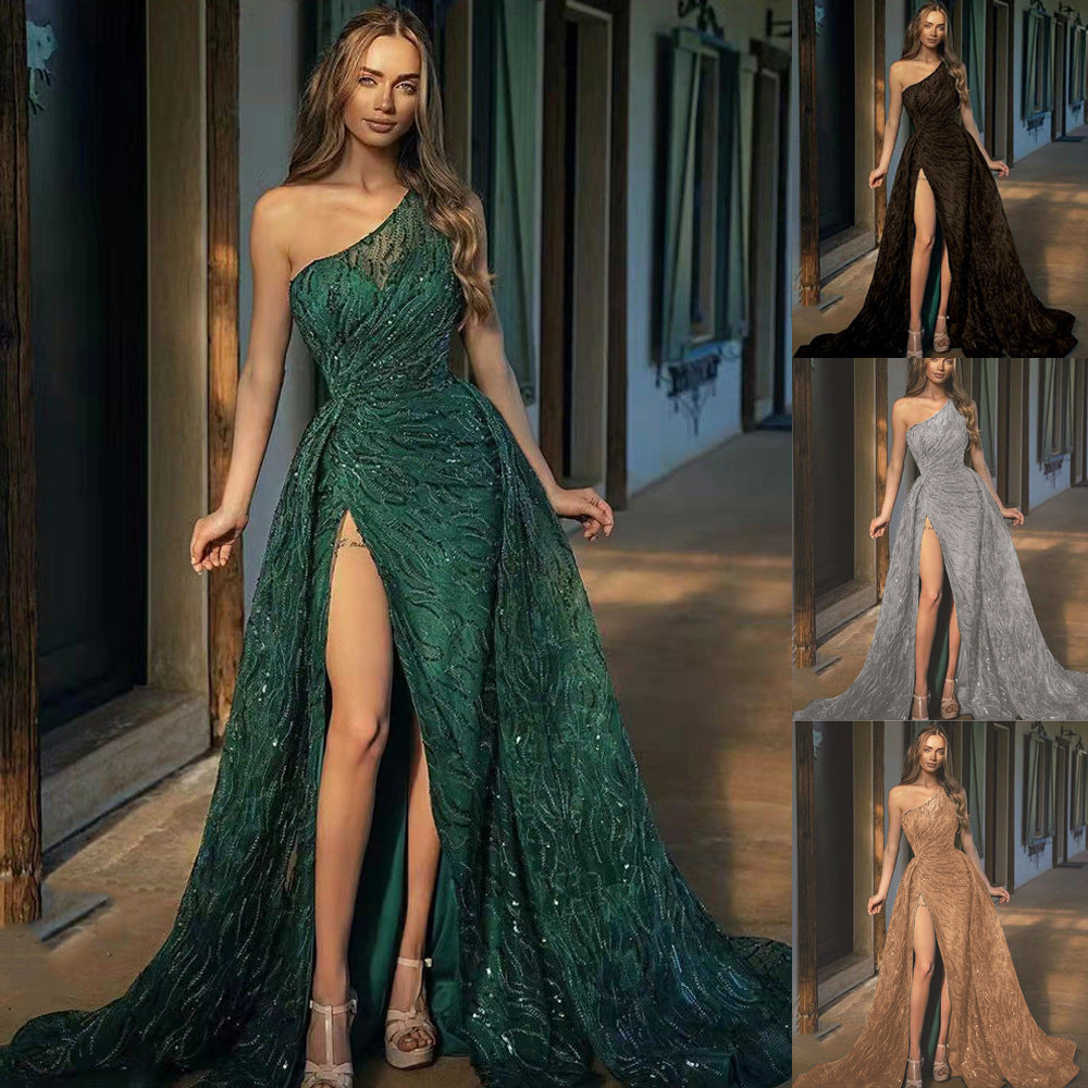 Shoulder off Split Maxi Dress Toast Dress Sequin Sling Evening Dress