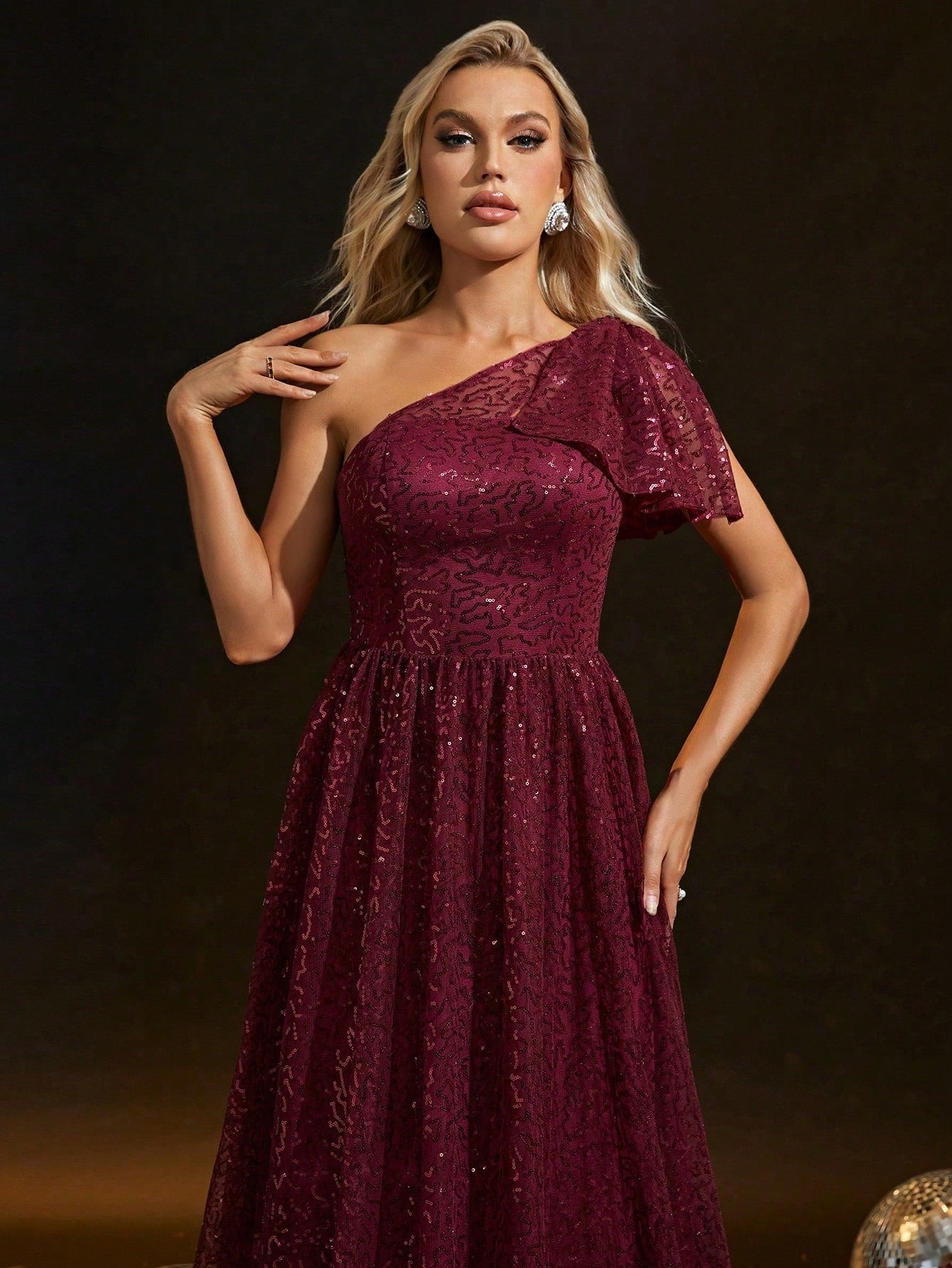 One Sequined Shoulder Evening Dress Bride Wine Red Toast Dress Adult Ceremony Party Dress Slim Fit Annual Party Evening