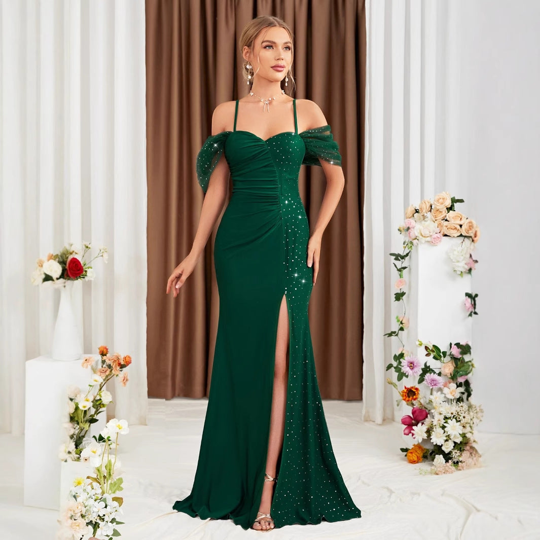 Off Shoulder Spaghetti Straps Evening Dress Slit Slim Fit Fishtail Gown Annual Meeting Performance Host Polished Dress