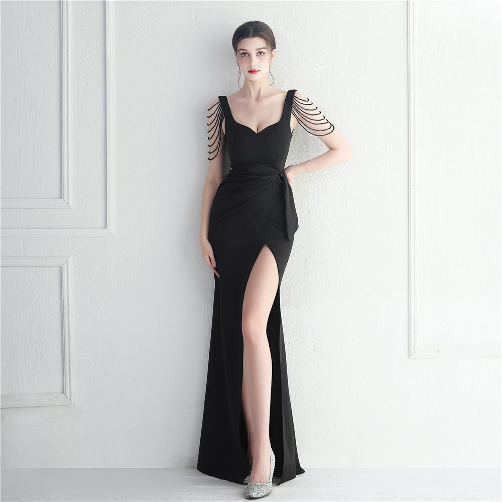 Craft Beaded Car Model Bridesmaid Performance Wedding Extended Slit Evening Dress