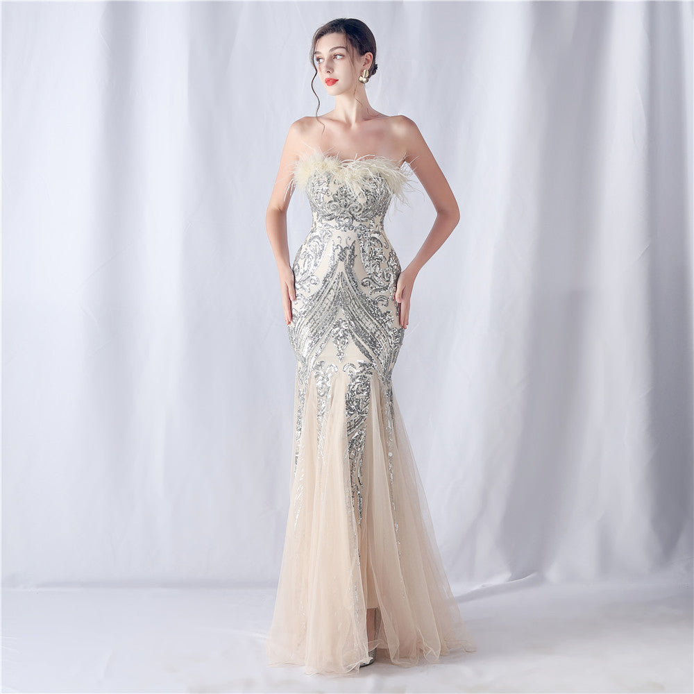 Ostrich Feather Positioning Flower Cutting Wedding Annual Meeting Tube Top Sequin Gauze Evening Dress