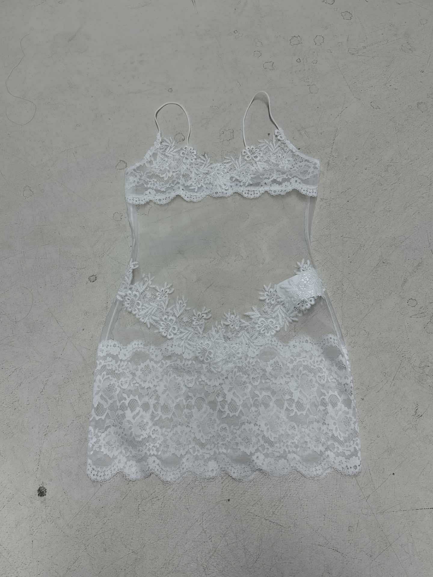 Summer Women Mesh Lace Lace Spaghetti Strap Dress See through Chic Nightdress Vacation Maxi Dress
