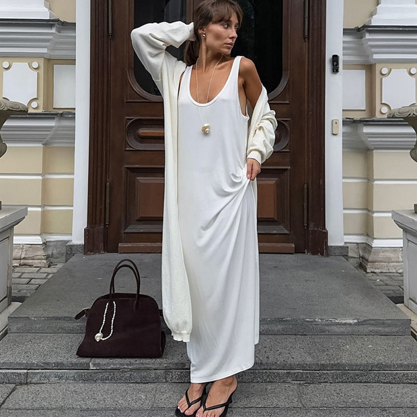 Fall Long Knitted White Sleeveless Nightdress Loose Knitted Cozy Ladies Homewear Can Be Worn outside
