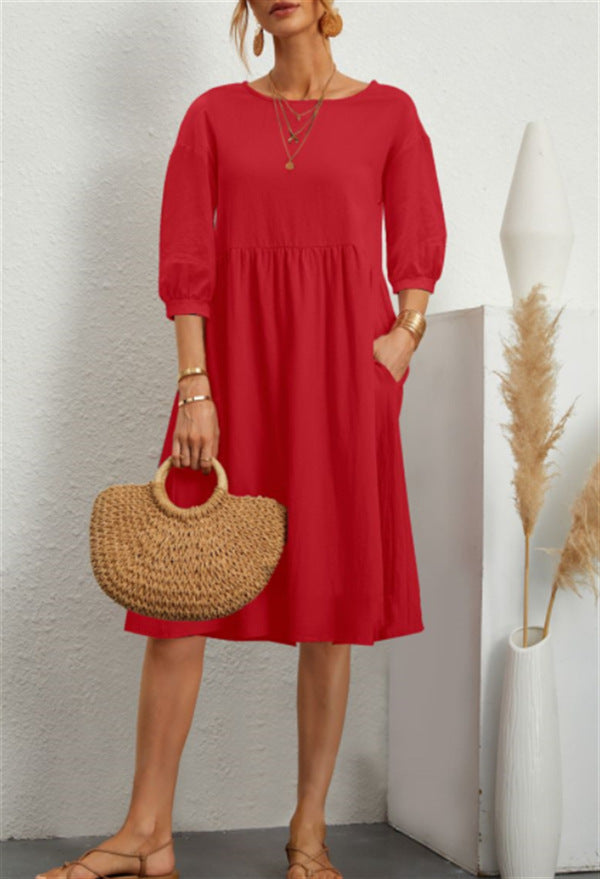 Cotton Sheridan Pocketed Babydoll Dress Red