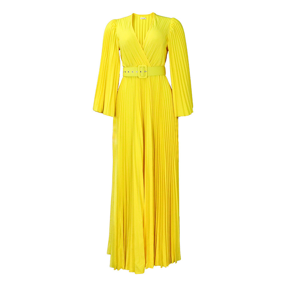 Women Clothing V neck Attractive Pleated Formal Swing Dress Maxi Dress