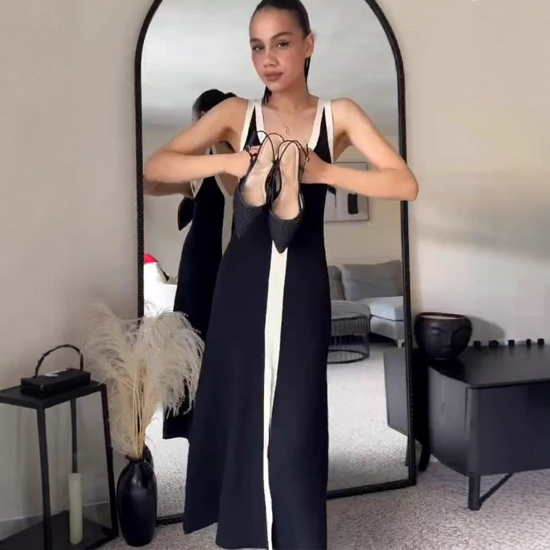 Matching Color Front Back V neck Long Spaghetti Straps Knitted Hepburn Dress Black