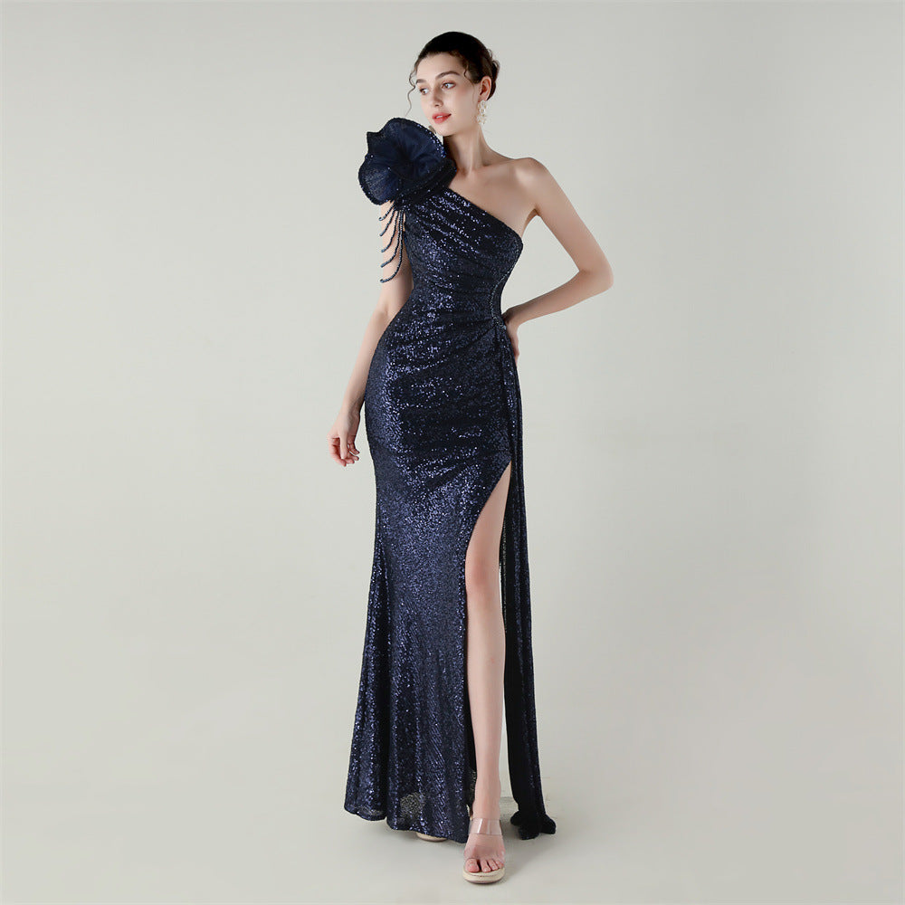 Craft Flower Beaded One Shoulder Diagonal Collar Fishtail Evening Dress Dinner Wedding Awards Ceremony Social Dress