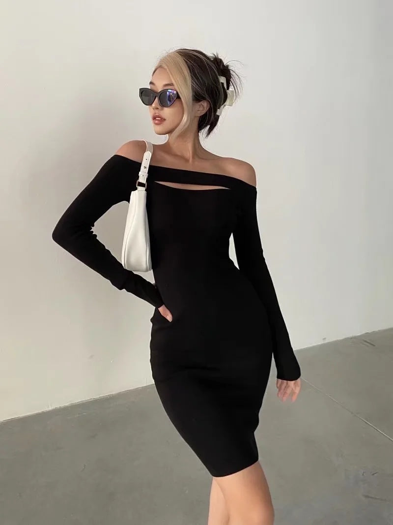 Ribbed Victory Off The Shoulder Midi Dress Black