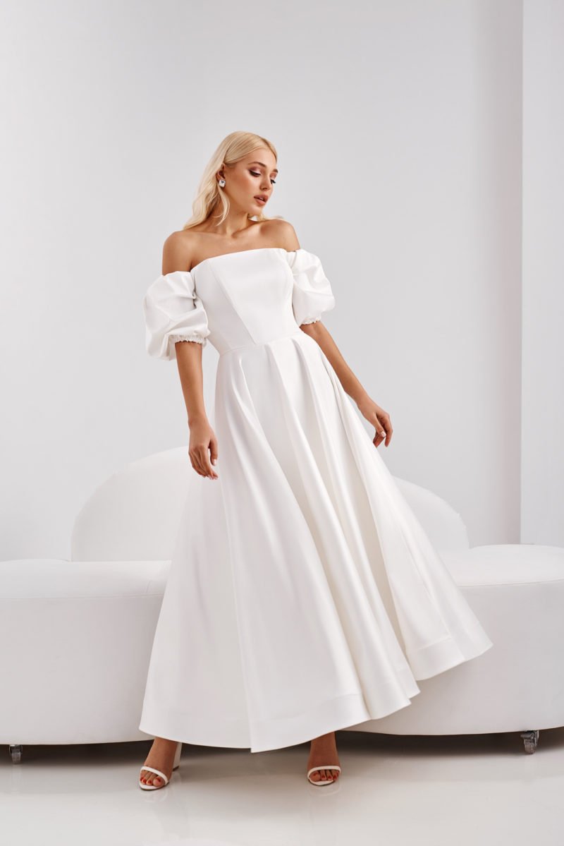 Pocketed Yen Off The Shoulder Smocked Midi Dress Off White