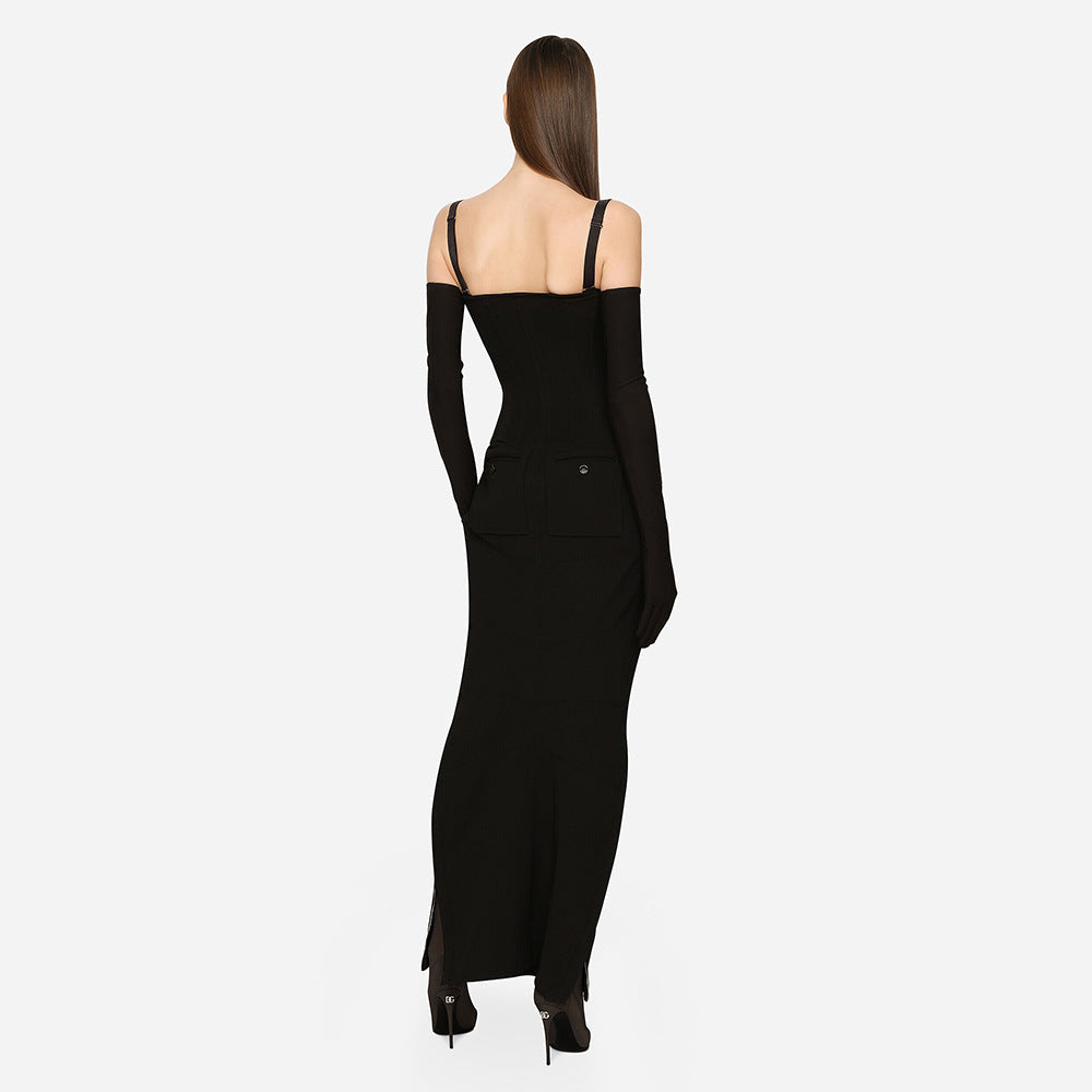 Strap Black Long Zipper Dress Gloves Dress