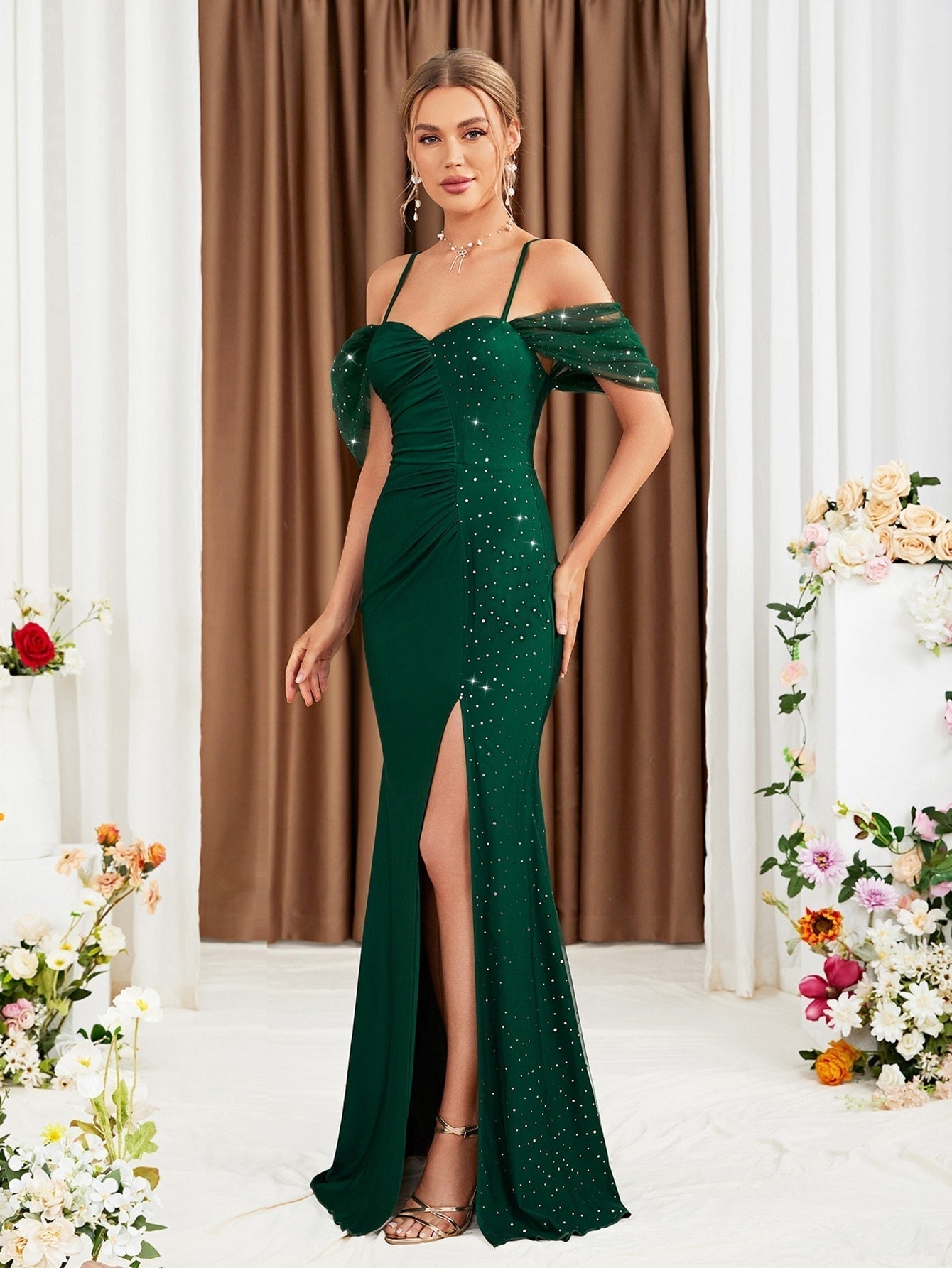 Off Shoulder Spaghetti Straps Evening Dress Slit Slim Fit Fishtail Gown Annual Meeting Performance Host Polished Dress
