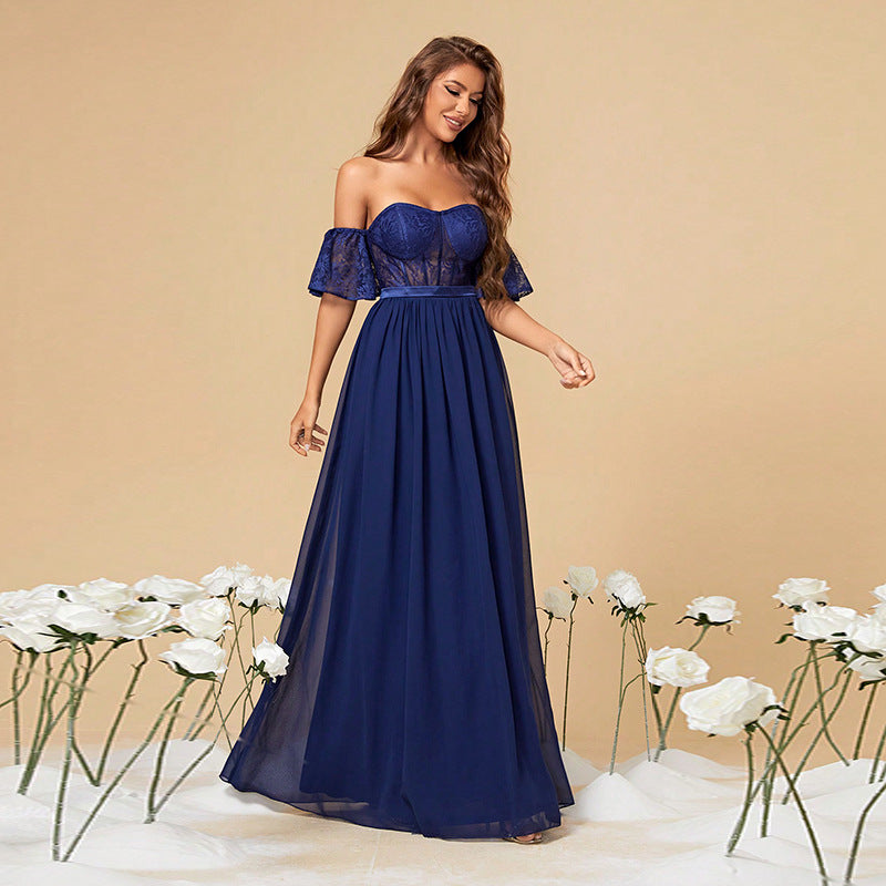 Autumn Tube Top Trendy Elegance Prom Evening Dress Party Dress Solid Color Long Women