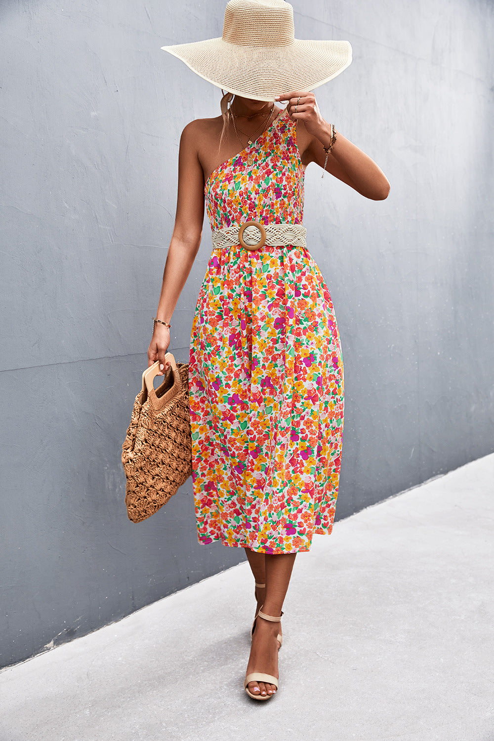 Elysse Flower Belted One Shoulder Midi Dress Salmon