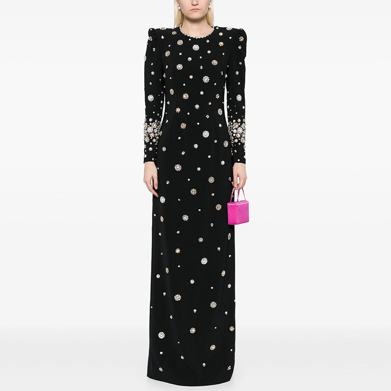 Heavy Industry Beads Diamond Embedded Slim Maxi Dress Sophisticated Dress