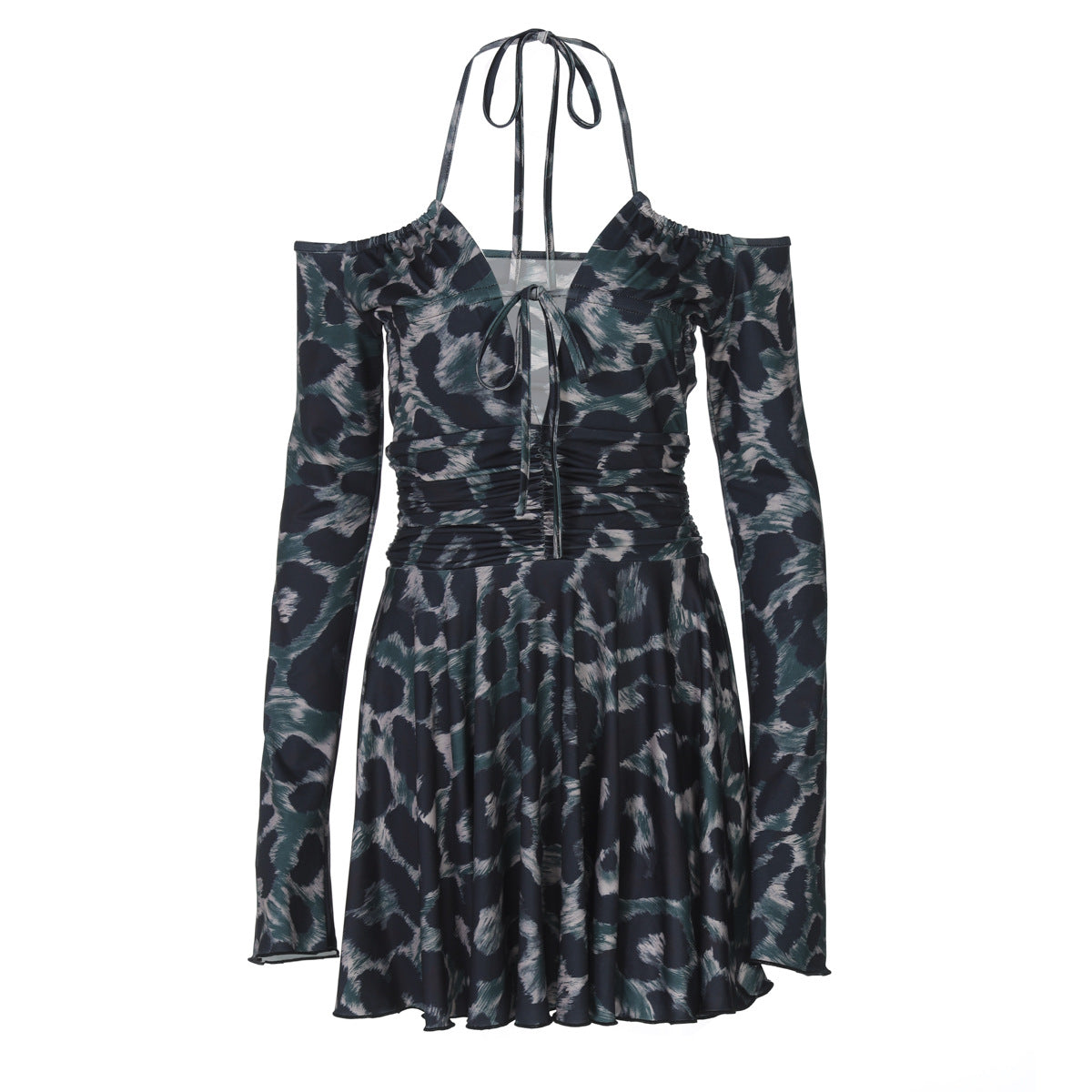 Print Pattern Long Sleeve Tether Halter Pleated Dress